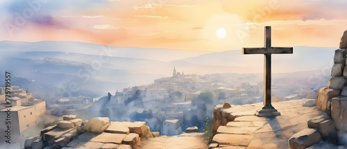 View Crosses on Golgotha from the Holy Sepulchre at sunrise. Digital watercolor painting illustration style. photo