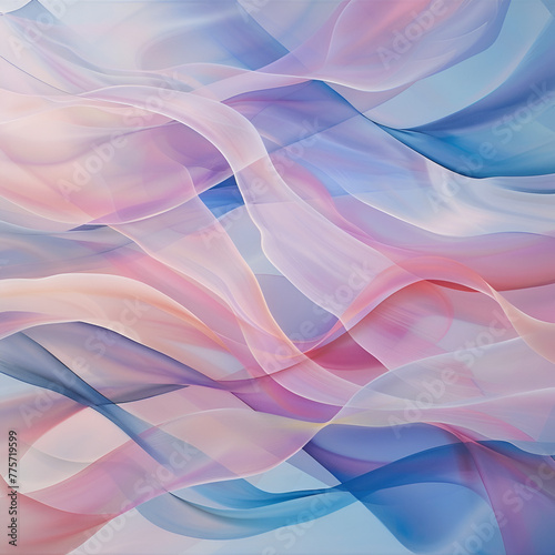 Abstract background with wavy, translucent layers in pink, blue, and purple hues.