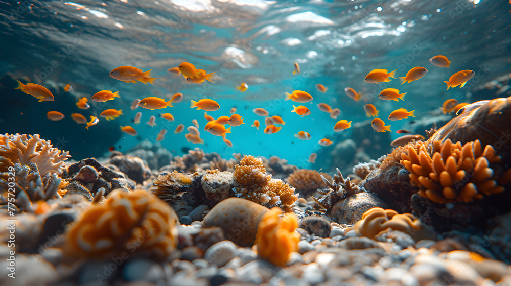 Underwater view of orange fish and coral reef with pebbles. Marine life photography. Ocean ecosystem and aquatic animal life concept for design and print. Underwater landscape with natural light - obrazy, fototapety, plakaty 