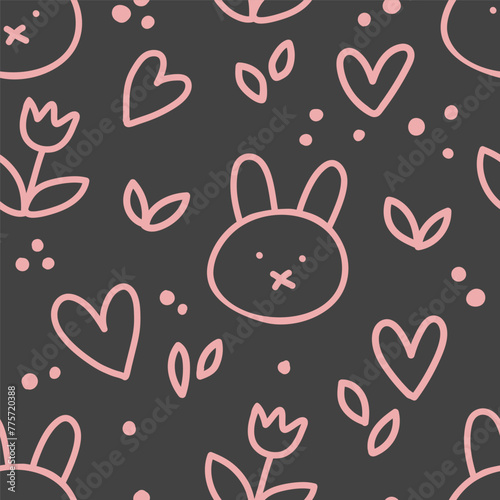 Seamless pattern for the Easter holiday. Pattern on dark background. Easter bunny, flowers, hearts vector illustration