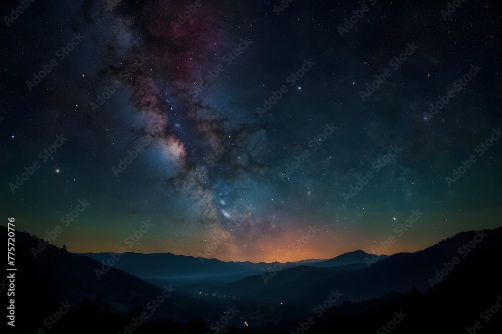 Starry Serenade: Traveling Through the Enchanted Night Sky on a Celestial Odyssey Gorgeous cosmic nebula produced using generative artificial intelligence A portion of the rainbow texture painting. Ga