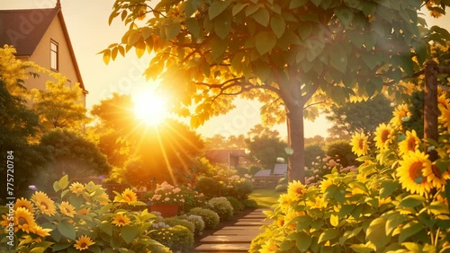 sunset landscape behind the garden, casting a warm golden light on everything, Seamless looping 4k video animation photo