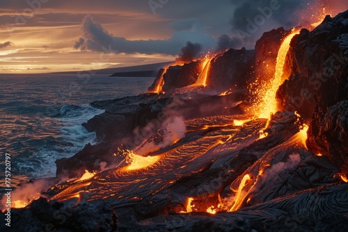 Lava is flowing into the ocean photo