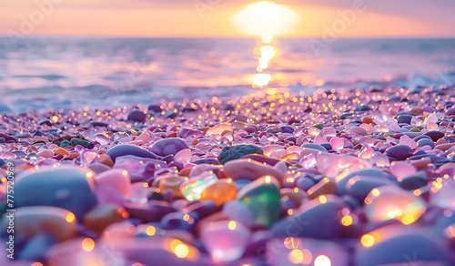 At sunset, a coastline is strewn with radiant pebbles of various hues, shimmering in the clear waters along the ocean shore.