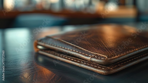 Elegant leather wallet on a rustic surface photo