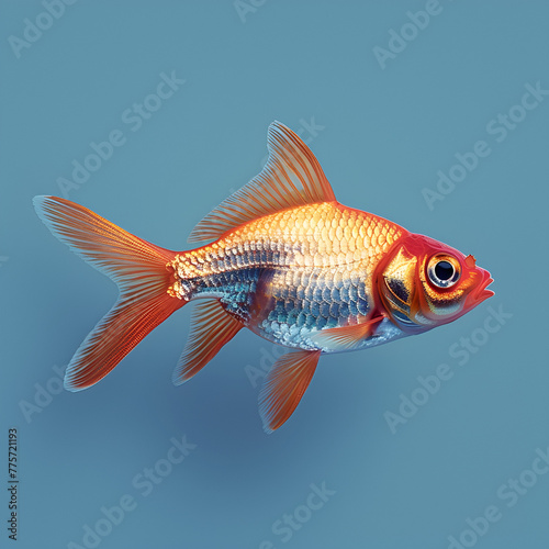A vibrant goldfish isolated on a blue background, with detailed scales and fins.