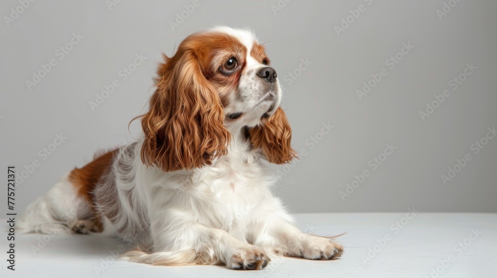 Cavalier King Charles Spaniel portrait shows a purebred dog with brown and white fur in a studio setting