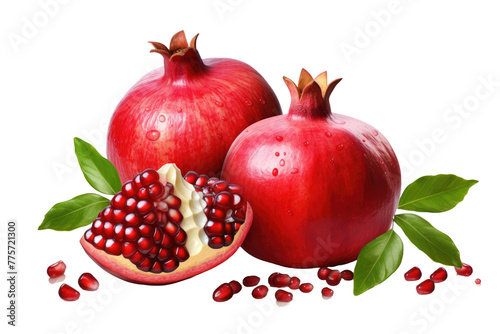 Glistening Pomegranates: A Vibrant Composition of Lush Leaves on a Clean Canvas. White or PNG Transparent Background.