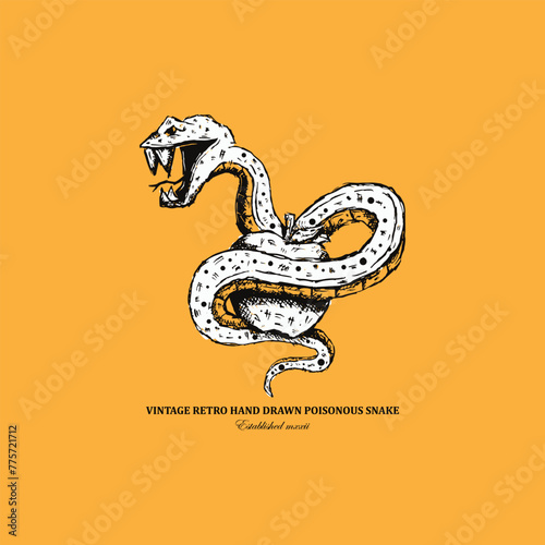 Vintage retro sketch art poison snake with apple isolated on yellow background