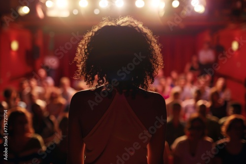 An anonymous performer stands before an enraptured audience, capturing the essence of live entertainment and connection. photo