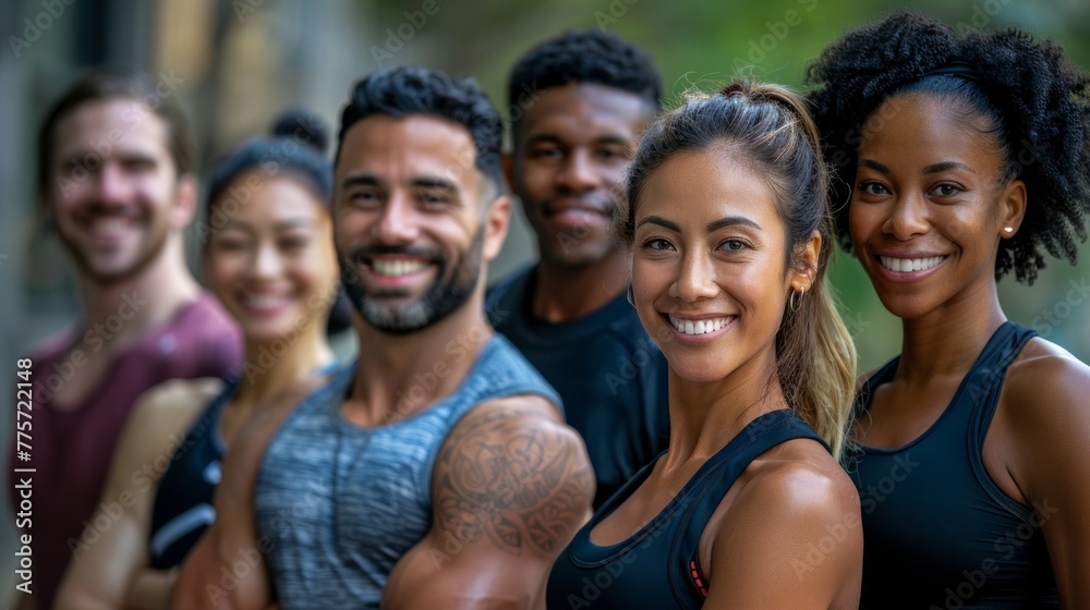 Obraz premium Fitness, gym and selfie of group of friends excited for workout, exercise goals and training together. Sports club, diversity and portrait of happy people smile for motivation, yoga and pilates class