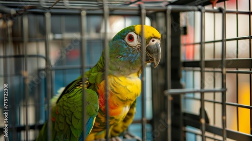 Green and Yellow Parrot Perched on Cage