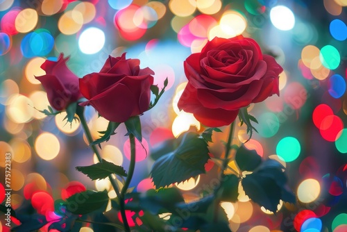 Red roses and rainbow holiday lights bokeh background. Red rose the Queen of flowers decorates the festive evening of Valentine's day lovers and important events. © Bushra