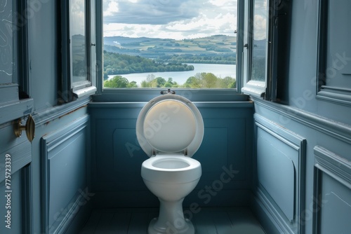 Clean blue bathroom with a white toilet, by the window overlooking the natural landscape