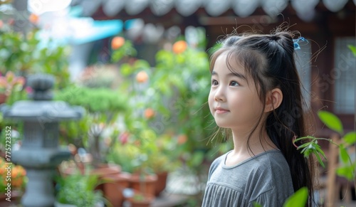 A young girl with long hair is standing in front of a garden. She is wearing a grey dress and has her hair in a ponytail