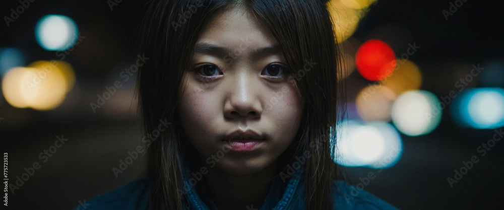 A Japanese teen in front of blurred city lights at night A Japanese teen in front of blurred city lights at night