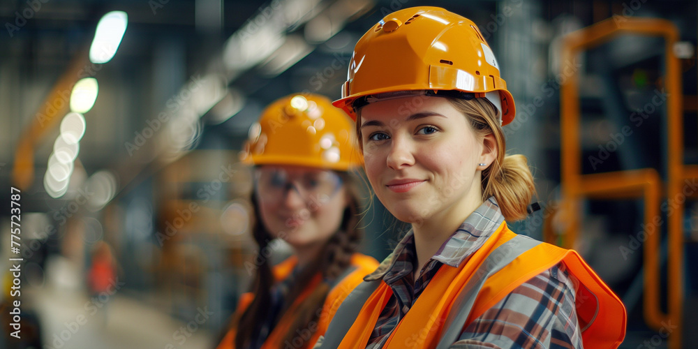 Two female engineers smiling in an industrial setting. Two female engineers smiling in an industrial setting.
