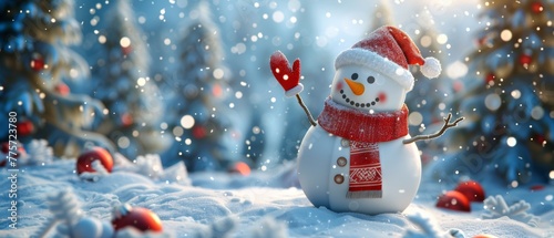 Digital illustration of a funny snowman waving his hand in a forest, a winter landscape for a background for a Christmas card, a festive greeting card, and a blank banner for use as a stock image