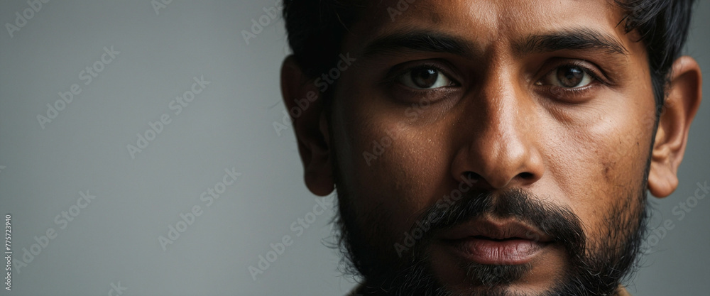 close-up portrait of a man with dark hair and a beard, against a gray background close-up portrait of a man with dark hair and a beard, against a gray background