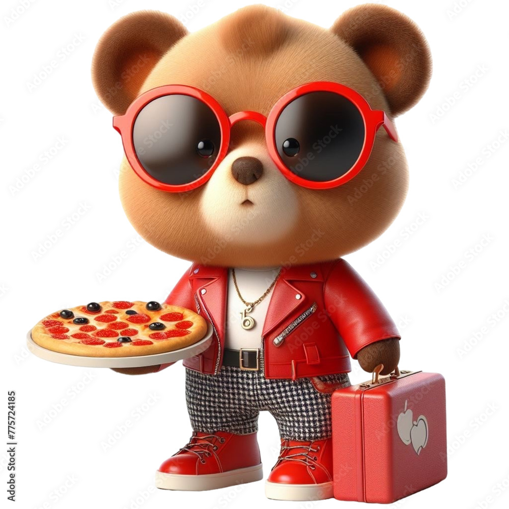 bear holding a pizza tray 3D render 
