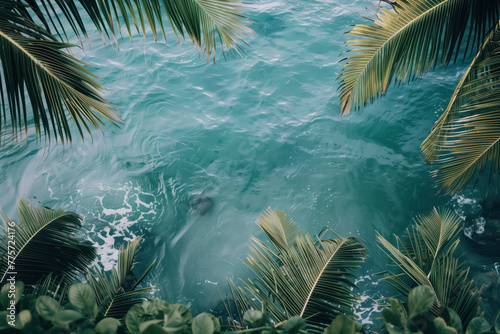 Tropical background with palm leaves framing and water. Background image. Created with Generative AI technology.