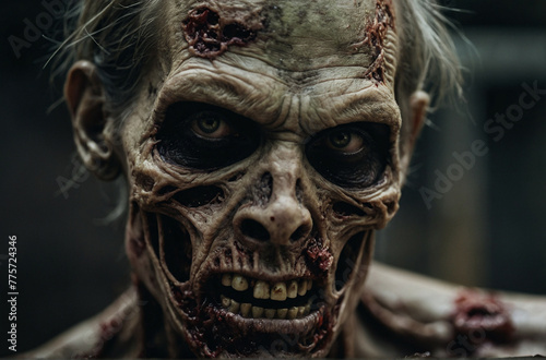 close-up shot of a zombie's face, showing its decaying flesh and bloodshot eyes