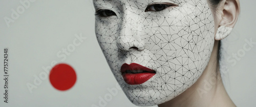 Artistic representation of a Japanese woman with intricate face design and bold lips