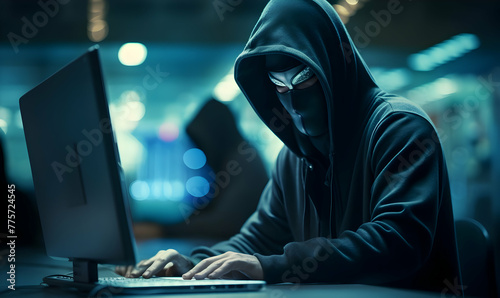 Male criminal wearing mask and hood to hack computer system, breaking into company servers to steal big data