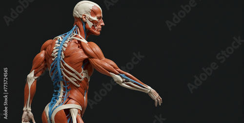 A detailed anatomical model of the human body, showcasing the muscles, bones, and nerves