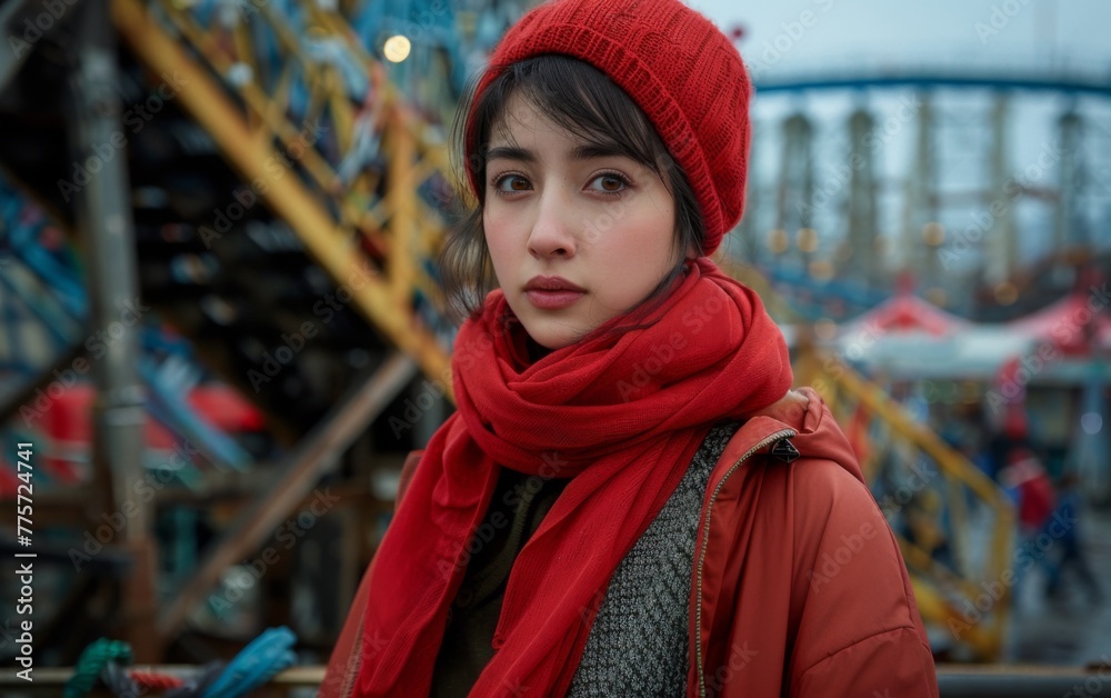 A woman wearing a red scarf and a red hat stands in front of a building. She looks sad and is looking at the camera A woman wearing a red scarf and a red hat stands in front of a building. She looks sad and is looking at the camera