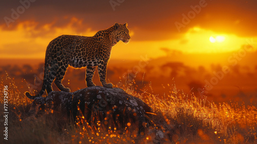 The rising sun casts a golden glow, illuminating the leopard and highlighting the delicate dewdrops on the surrounding grass .generative ai