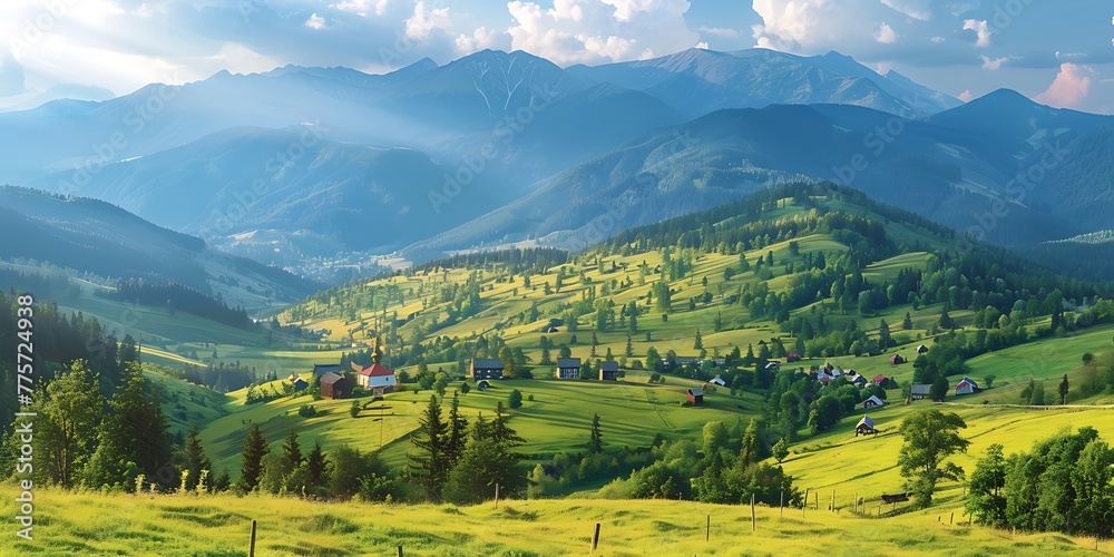 A sweeping vista captures the Carpathian Mountains, adorned with verdant meadows and dotted with quaint villages nestled within their valleys.






