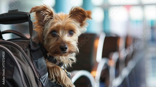 Small Brown Dog Sitting on Backpack © Prostock-studio