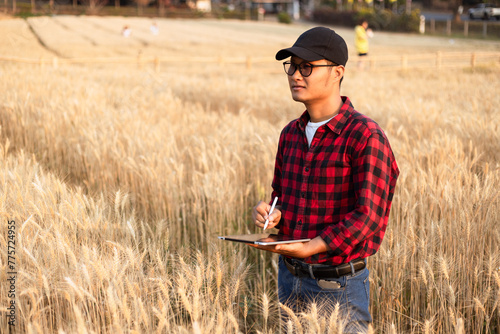 Farmer using digital tablet in barley field on sunny day, Smart farming, Business agriculture technology concept. © SOMKID