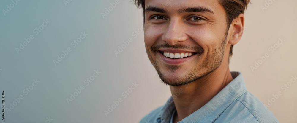 A young man with a soft smile against a gradient background A young man with a soft smile against a gradient background