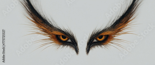 A pair of orange eyes with long black and orange feathers