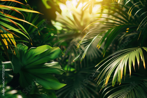 Palm tree leaves framing a tropical scenery. Slide background image. Created with Generative AI technology.