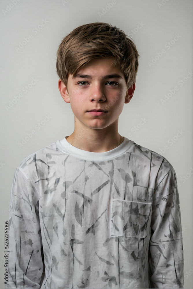 Obraz premium Teen boy in a white shirt against a simple background