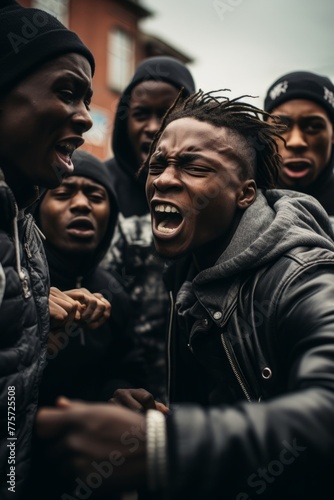 Gang members engaging in a rap battle to settle disputes and assert dominance within their crew, using rhymes as weapons of choice photo