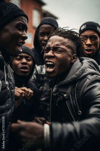 Gang members engaging in a rap battle to settle disputes and assert dominance within their crew, using rhymes as weapons of choice