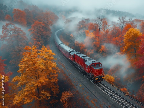Train in forest in fog at sunrise. Aerial view of Colorful landscape with railroad