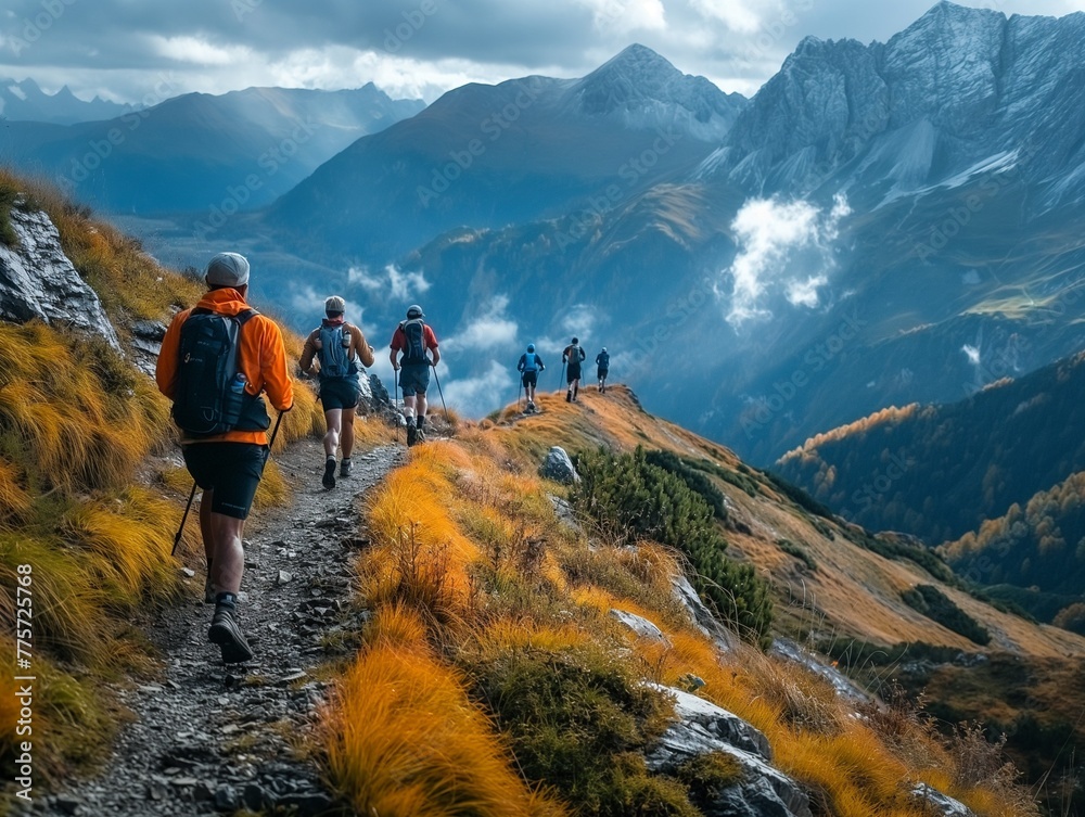Obraz premium Group of trail runners running along heigh mountain ridge top