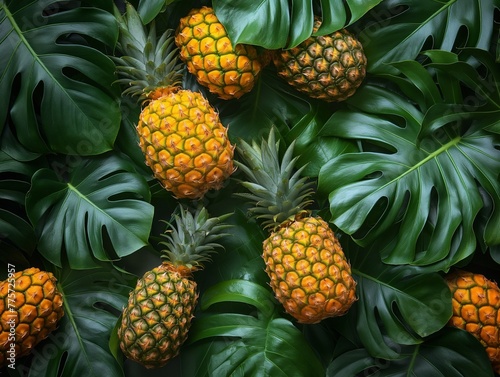 Top view of fresh pineapple with tropical monstera leaves