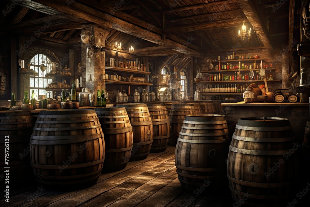 A room packed with traditional wooden barrels used for storing drinks in a factory setting. Generative AI A room packed with traditional wooden barrels used for storing drinks in a factory setting. Generative AI
