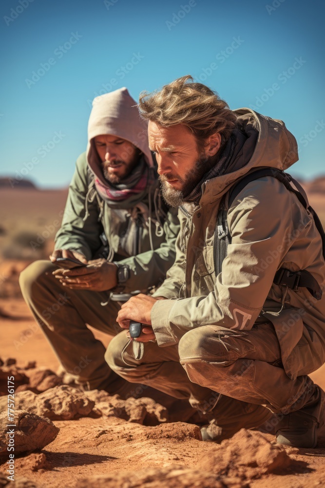 Two men standing in a desert landscape, one holding a cell phone while both look at the devices screen intently. The barren surroundings offer a stark contrast to the modern technology being used