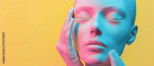 This 3D render features a female mannequin head, eyes closed by hands, a blind concept, an isolated object, a minimal fashion background, and a shop display using pastel pink blue yellow shades. © Mark