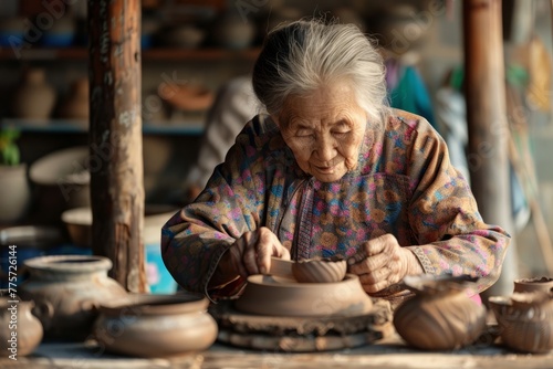 Asian elderly woman making pottery