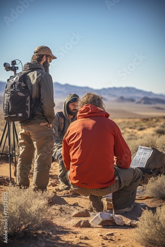 Two individuals, location managers, are seen in the desert. One man is setting up a camera while the other is assembling a tripod, possibly preparing for a photo or video shoot