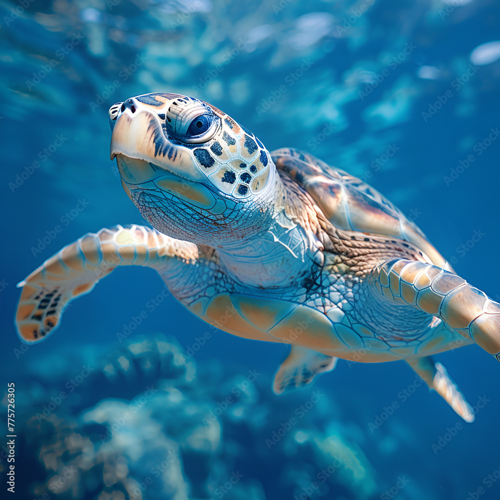 Fototapeta premium Close-up of a sea turtle swimming in clear blue water