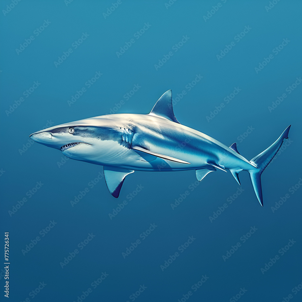 Naklejka premium A realistic illustration of a shark swimming underwater with a clear blue background.